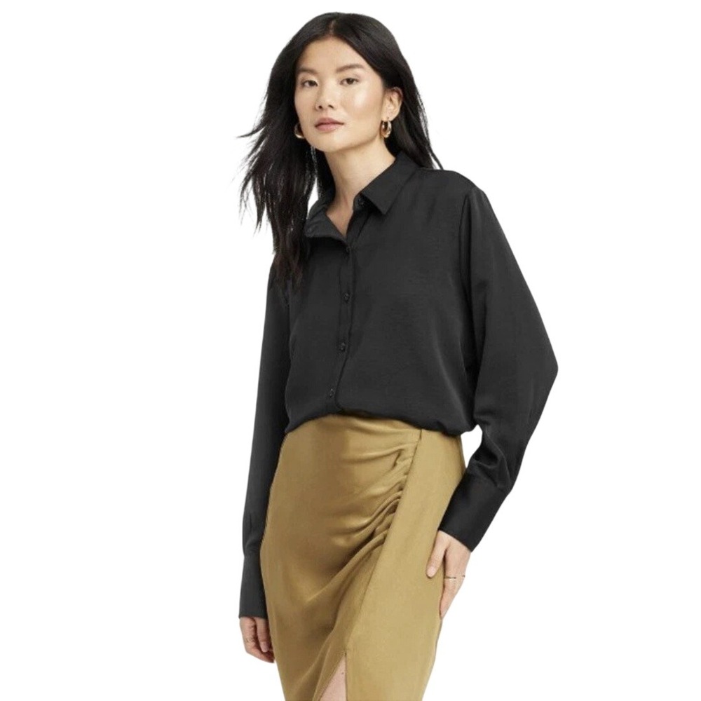 A New Day Women's Black Satin Long Sleeve Button Down Blouse Size Large